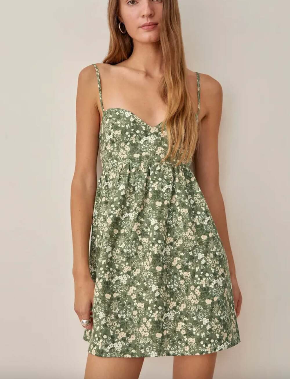 Reformation Martin Linen Dress in Green Floral Size 0 Sweetheart Neckline